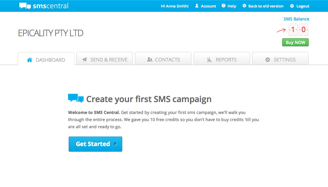 SMS Central dashboard new user